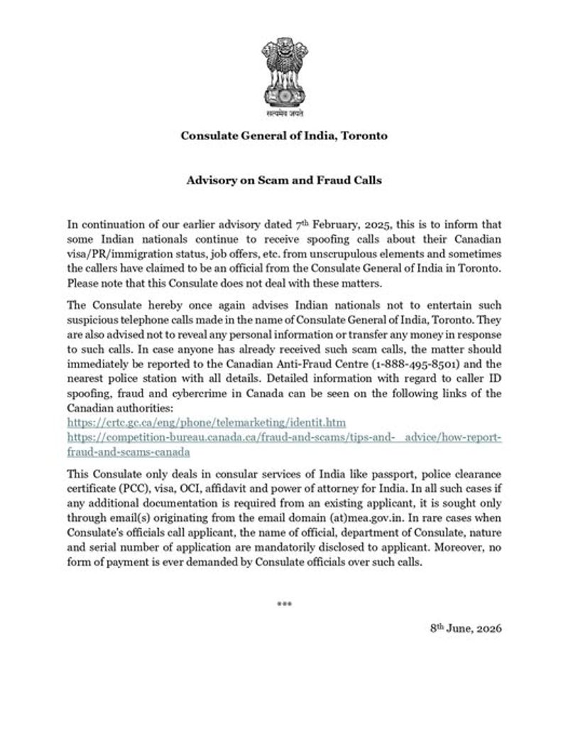 Canada 'ਚ ਭਾਰਤੀਆਂ ਲਈ ਨਵੀਂ ਐਡਵਾਈਜ਼ਰੀ: ਟੋਰਾਂਟੋ ਕੌਂਸੁਲੇਟ ਨੇ ਫਰਜ਼ੀ ਕਾਲਾਂ ਤੋਂ ਸਾਵਧਾਨੀ ਵਰਤਣ ਦੀ ਸਲਾਹ